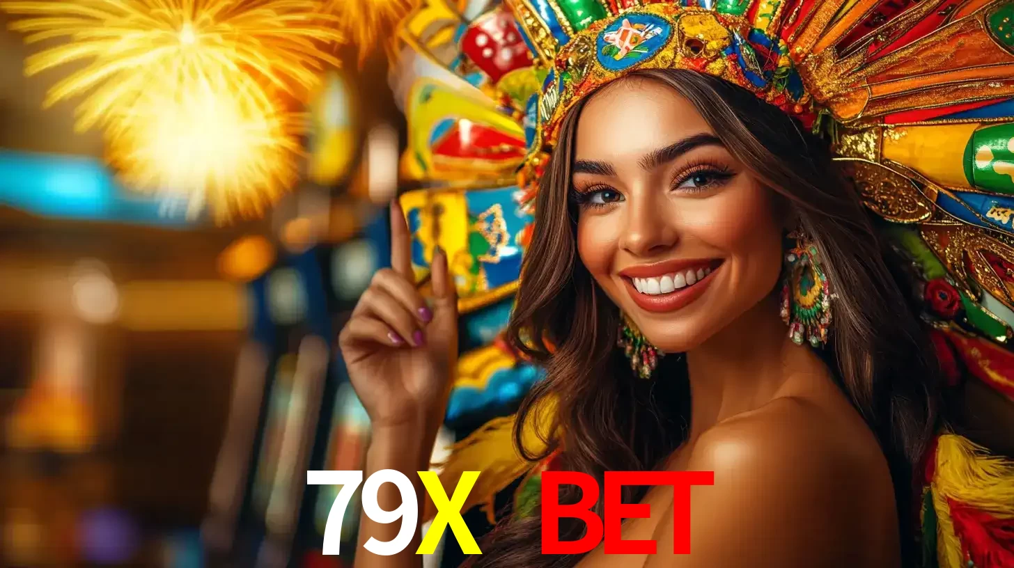 Mulher sorridente com um cocar de carnaval vibrante e colorido, celebrando uma grande vitória nos jogos do cassino 79X BET com fogos de artifício ao fundo.