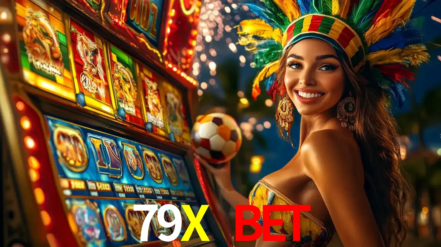Mulher com um cocar de carnaval ao lado de uma máquina de caça-níqueis enquanto segura uma bola de futebol, mostrando a união da diversão de cassino e esportes no 79X BET.