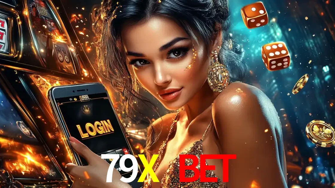 Mulher glamourosa segurando um celular com a tela de login do cassino 79X BET, rodeada por dados e moedas douradas, pronta para começar a diversão.