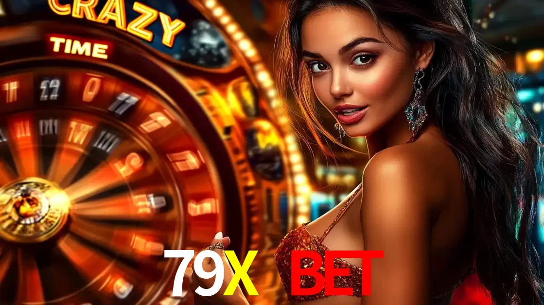 Mulher ao lado da roda de prêmios do jogo de cassino ao vivo Crazy Time, um dos shows de jogos mais emocionantes oferecidos pela plataforma de apostas 79X BET.