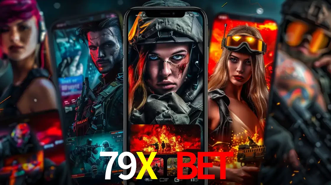 Montagem de telas de celular mostrando diversos personagens, masculinos e femininos, de um jogo de tiro, ilustrando a diversidade de equipes de e-sports para apostar no 79X BET.