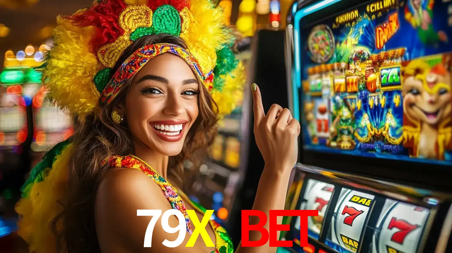 Mulher animada com um cocar de carnaval apontando para uma máquina de caça-níqueis, mostrando a emoção de ganhar um grande prêmio nos jogos do 79X BET.