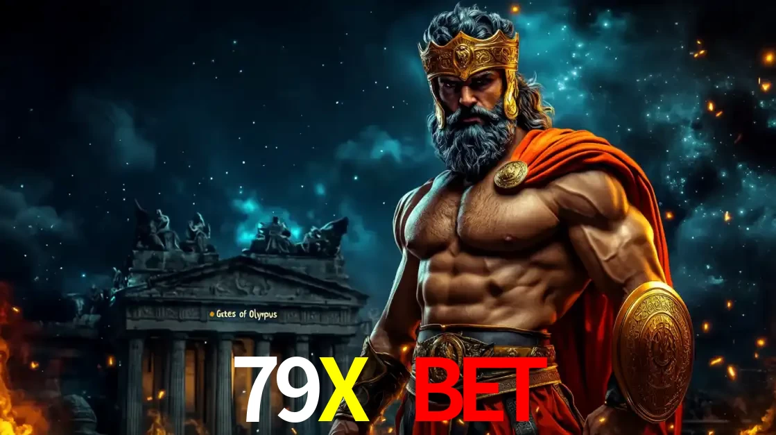 O poderoso Zeus do jogo de slot Gates of Olympus em frente ao seu templo, pronto para lançar multiplicadores divinos e prêmios épicos no cassino online 79X BET.