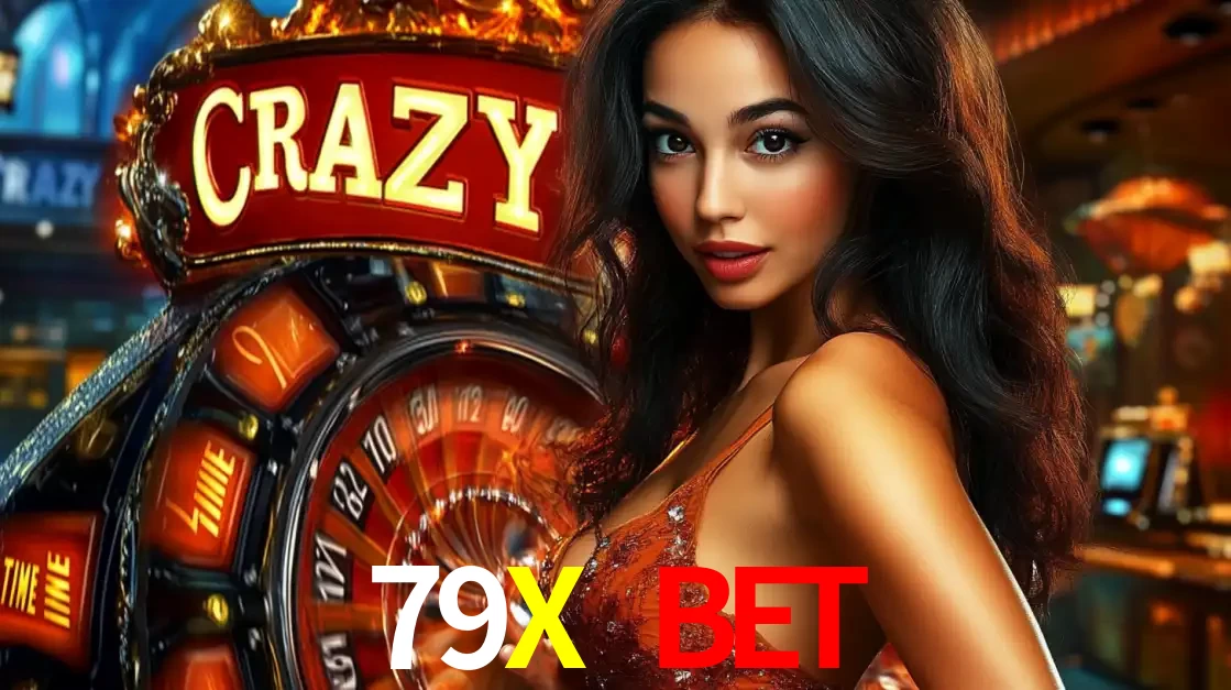 Mulher glamourosa olhando para a câmera com a roda vermelha do Crazy Time ao fundo em um ambiente de cassino, destacando a emoção dos jogos ao vivo no 79X BET.