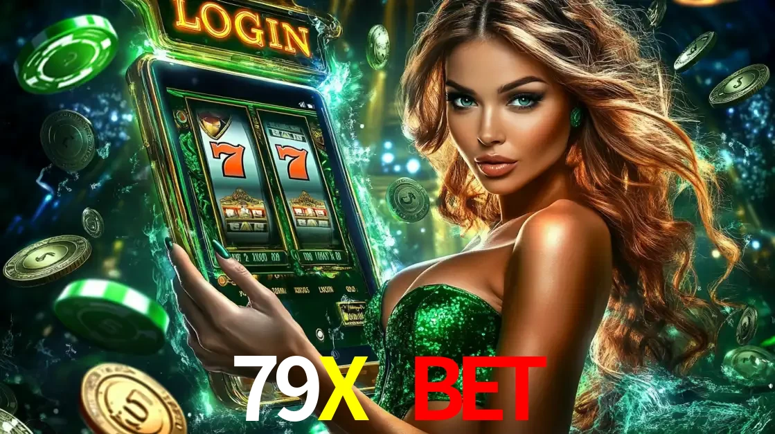 Mulher com tema verde apresentando o aplicativo do cassino 79X BET com um jogo de slot de 777, cercada por fichas de cassino e uma aura de sorte.