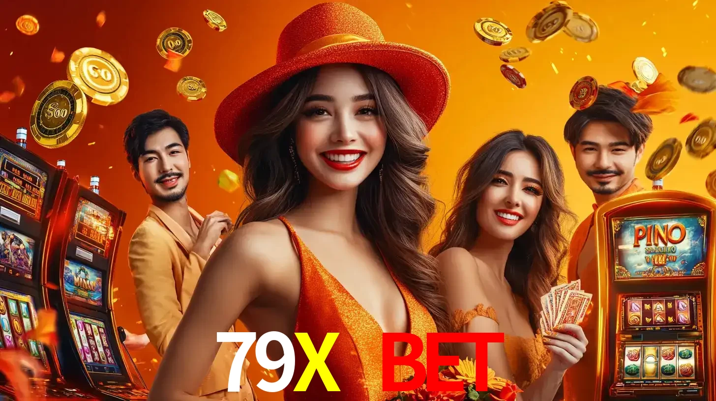 Grupo de amigos asiáticos sorrindo e se divertindo com máquinas de caça-níqueis em um ambiente festivo, celebrando suas vitórias nos jogos de cassino do 79X BET.