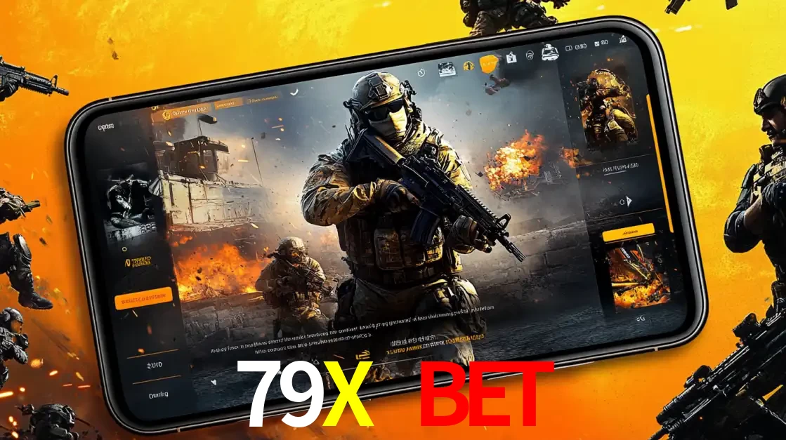 Um smartphone exibindo a interface de um jogo de tiro em primeira pessoa, com um soldado em um cenário de batalha, representando a ação dos e-sports para apostar no 79X BET.
