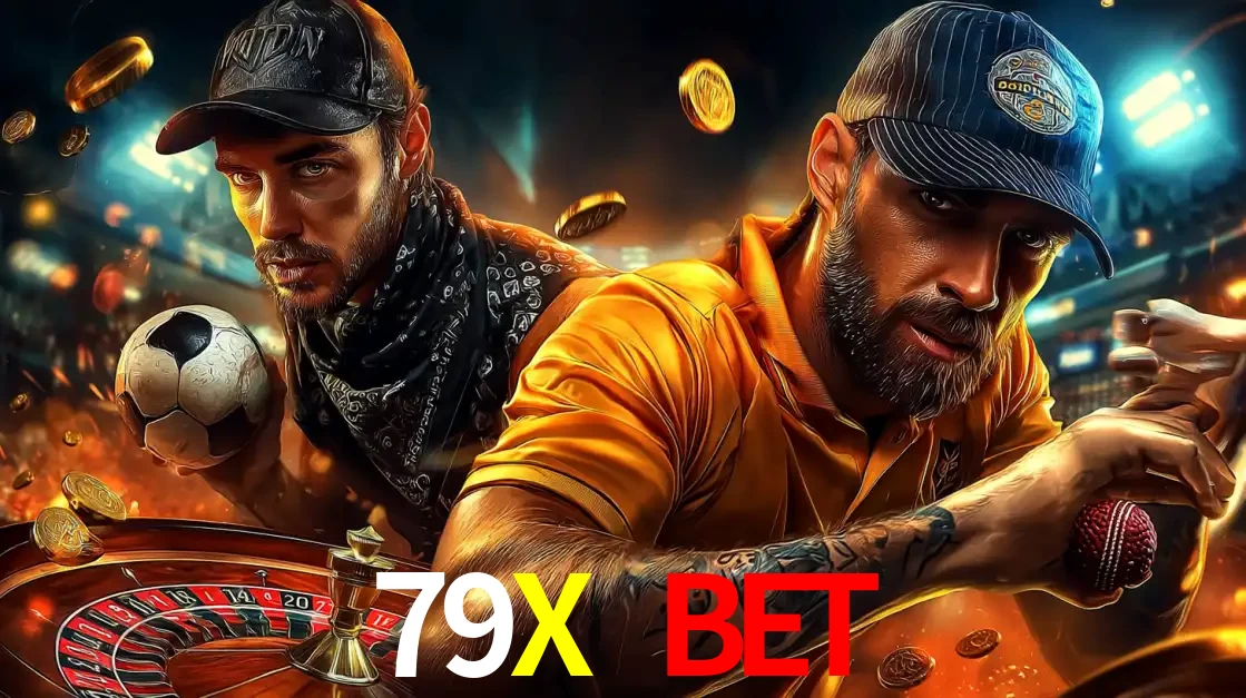 Montagem de apostas esportivas e cassino no 79X BET, com um homem segurando uma bola de futebol e outro uma de beisebol sobre uma roleta e moedas voadoras.