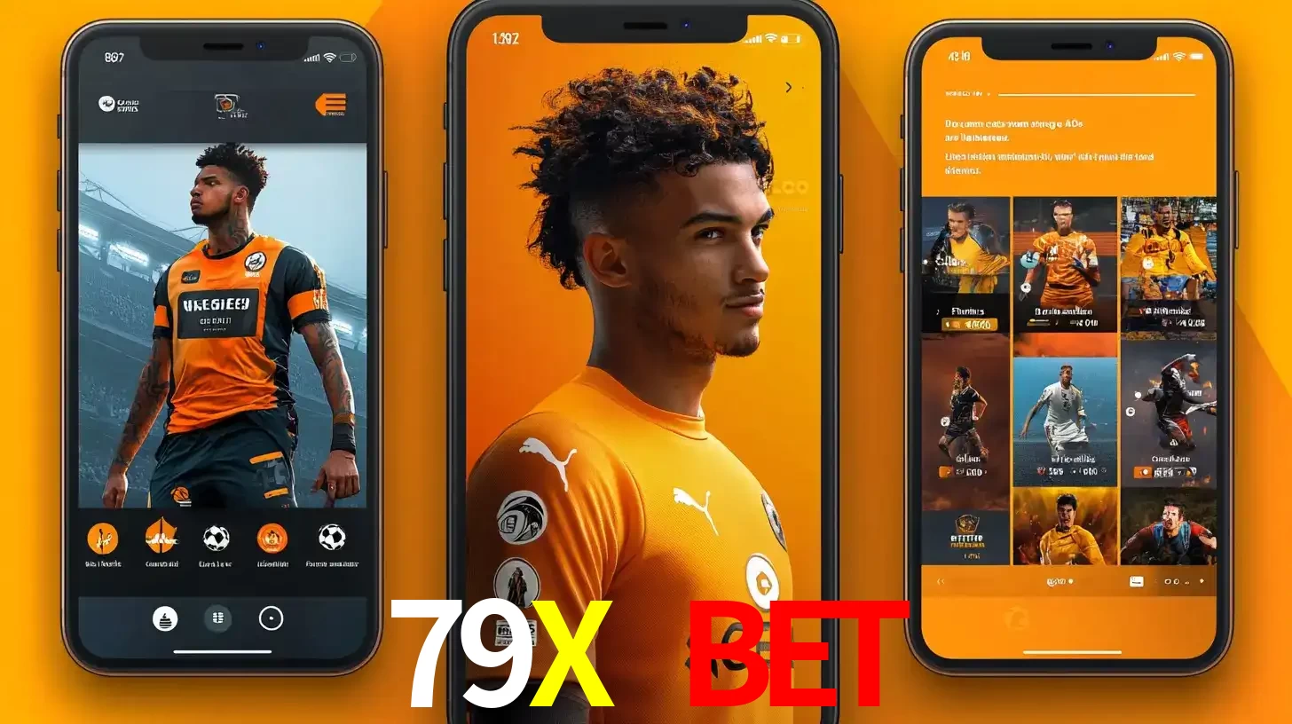 Interface do aplicativo de apostas esportivas 79X BET em três telas de celular, mostrando o perfil de um jogador de futebol e a lista de jogos disponíveis para apostar.
