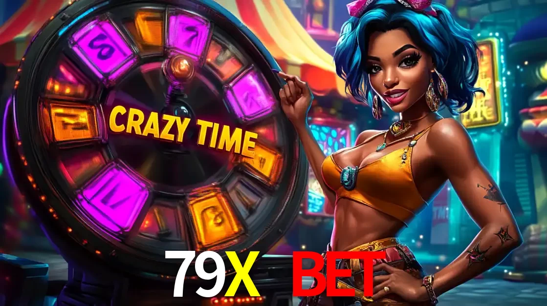 Mulher estilizada com cabelo azul e visual vibrante posando ao lado da roda de prêmios do game show Crazy Time, convidando para a diversão e os bônus do cassino 79X BET.
