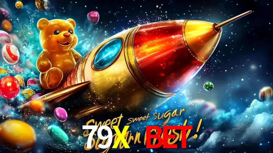 Arte promocional do jogo de slot Sugar Rush, com um urso de pelúcia em um foguete viajando pelo espaço de doces, um dos jogos divertidos disponíveis no cassino 79X BET.