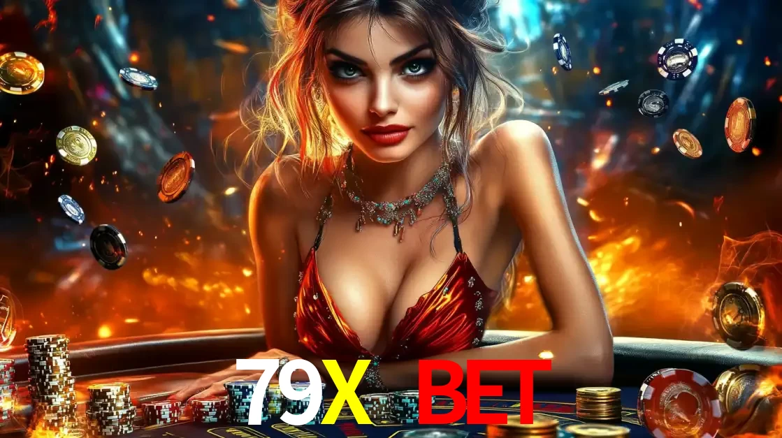 Mulher em uma mesa de cassino com pilhas de fichas e um fundo de fogo, pronta para uma rodada de altas apostas nos jogos de mesa emocionantes do cassino 79X BET.