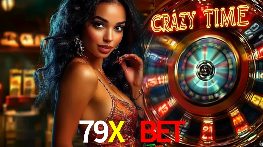 Mulher elegante ao lado da vibrante roda da fortuna do jogo de cassino ao vivo Crazy Time, um dos game shows mais populares e cheios de prêmios do 79X BET.