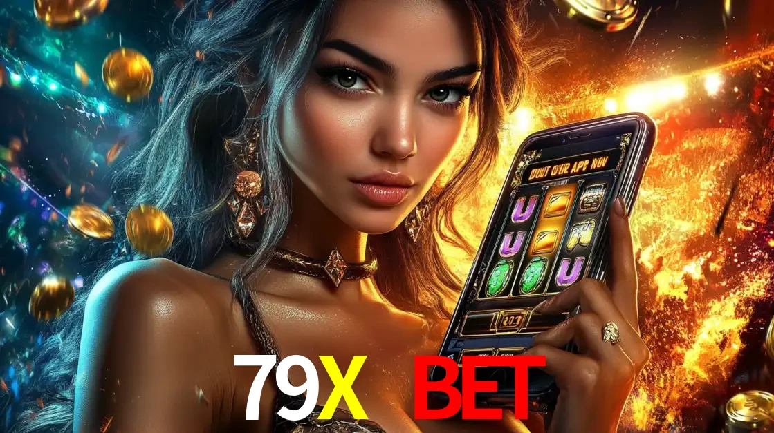 Mulher elegante mostrando um jogo de caça-níqueis em seu smartphone, destacando a experiência de cassino móvel oferecida pelo aplicativo 79X BET.