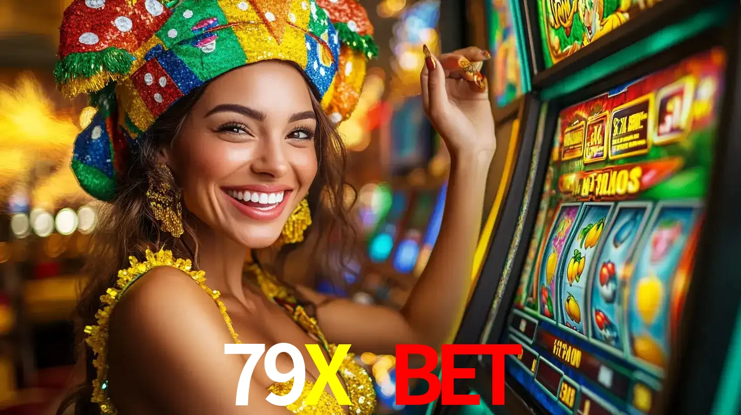 Mulher feliz com traje de carnaval amarelo e colorido ao lado de uma máquina de caça-níqueis, aproveitando a diversão e os jogos temáticos do cassino 79X BET.