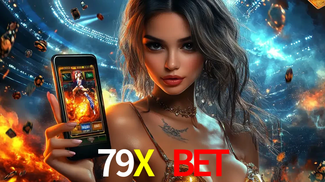 Mulher segurando um celular com um jogo de slot em destaque, tendo como fundo um estádio vibrante, simbolizando a emoção de jogar no cassino móvel 79X BET.